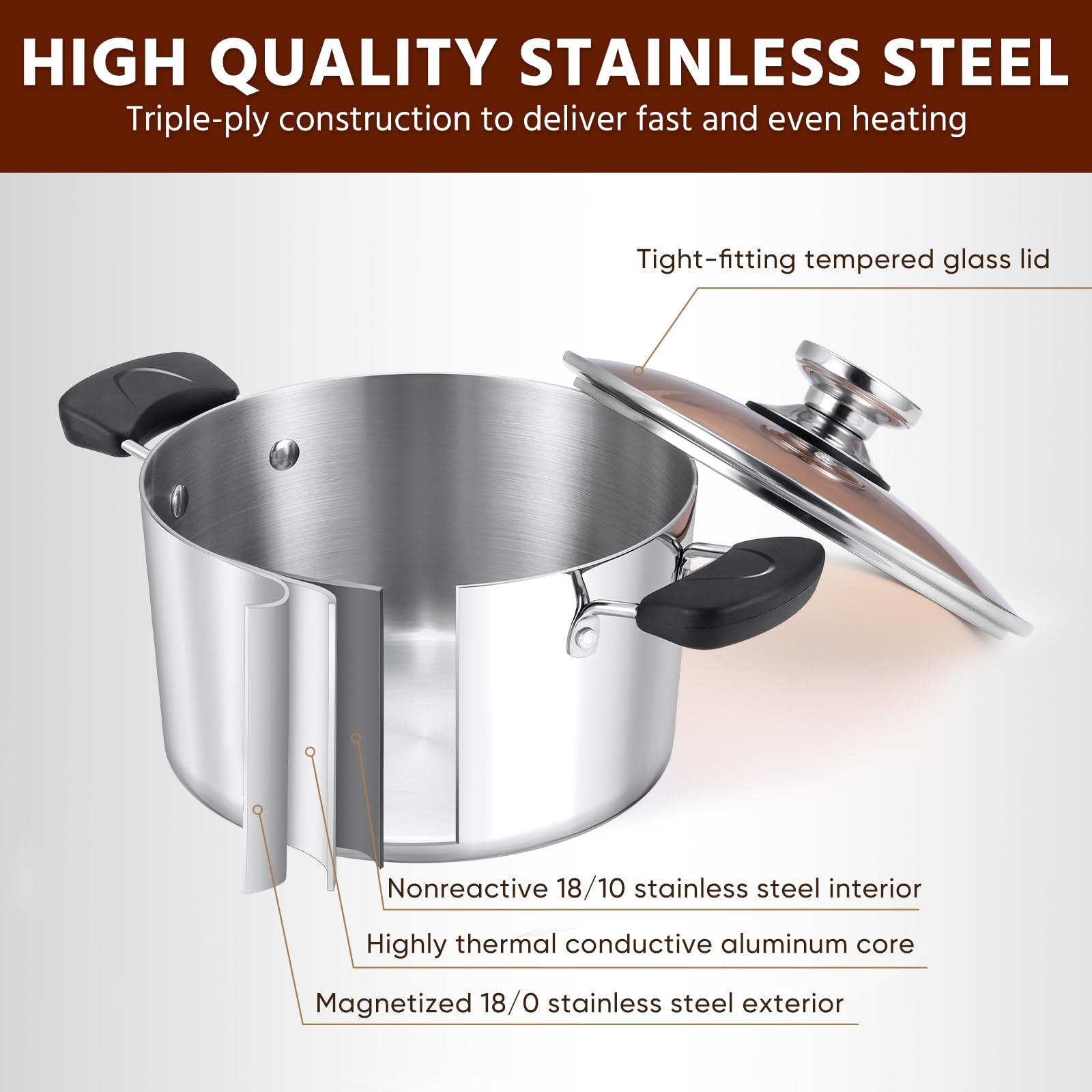 BEZIA 8 Quart Stainless Steel Stockpot With Lid - Triple-Layer Bottom, Induction Compatible, Dishwasher Safe For Soups, Pasta, Stews