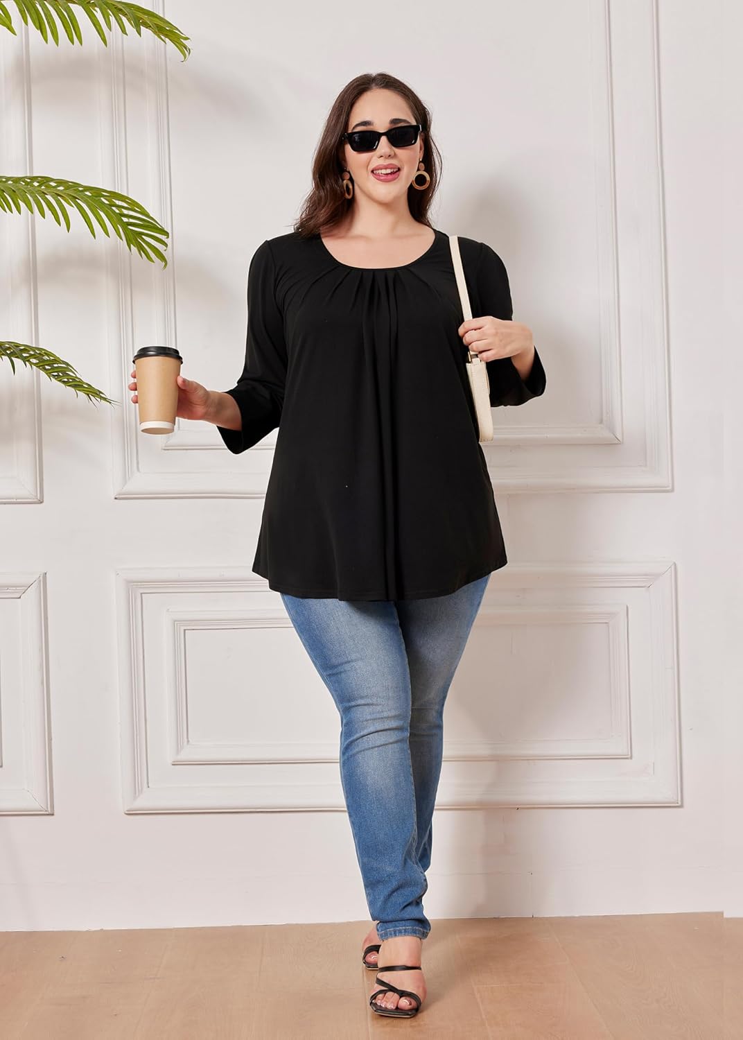 Plus Size Tunic Tops for Women 3/4 Sleeve Tunics Loose Fit Shirt Crew Neck Pleated Solid Casual Dressy Blouses - Image 5