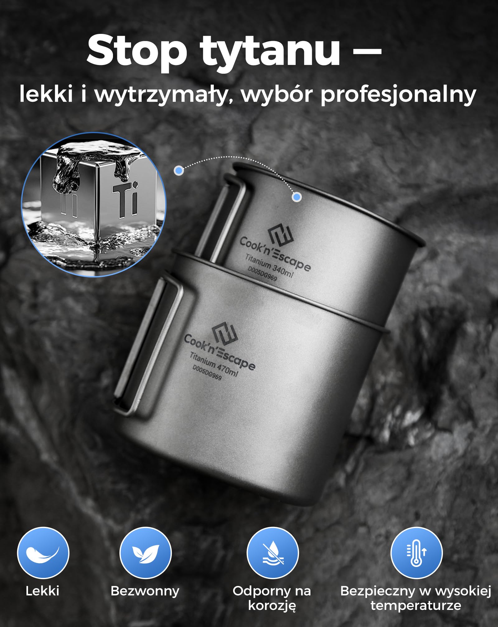 COOK'N'ESCAPE Tytanowe kubki kempingowe, zestaw 2 szt., 340 ml + 470 ml, lekkie i przenośne, odporne na ciepło, ze składanym uchwytem, idealne na kemping, wędrówki, podgrzewanie wody i parzenia kawy