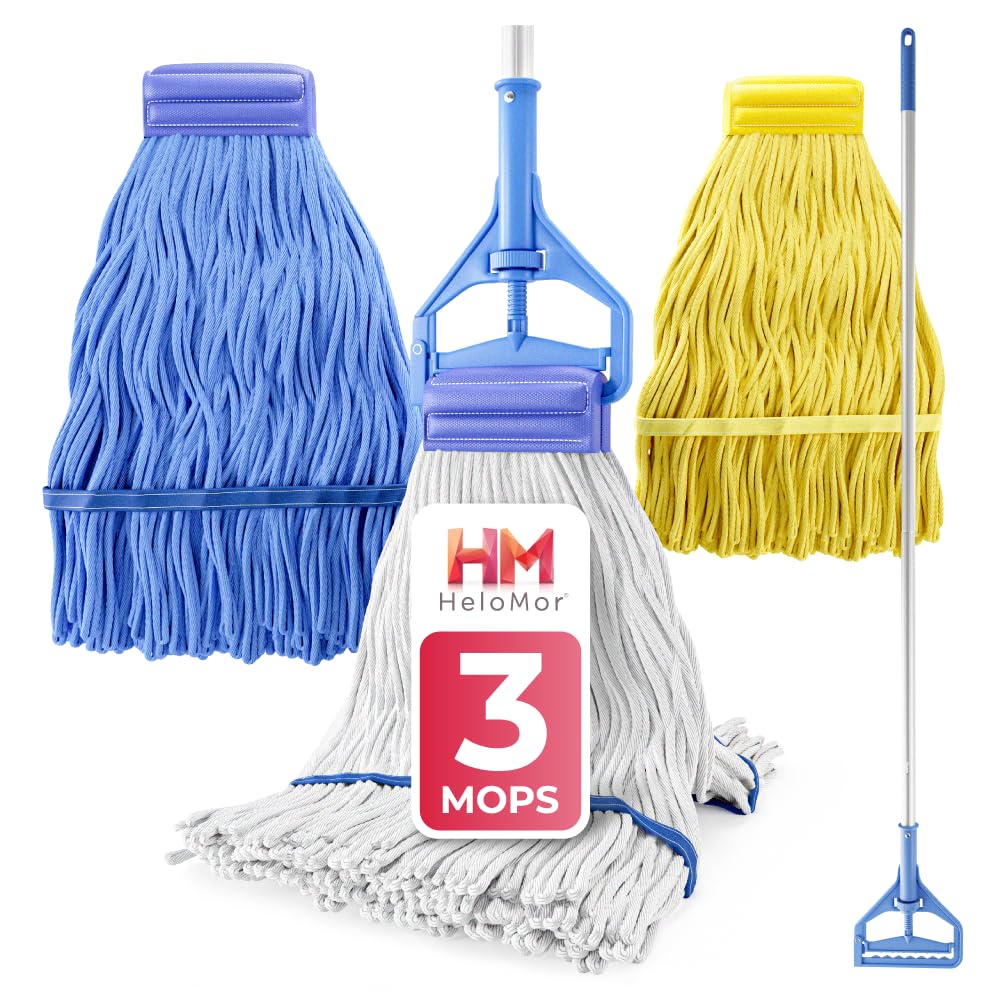 Loop End Cotton Commercial Mop Head Replacement with 59’ Telescopic Handle - String Kitchen Mops for Floor Cleaning with 3 Sizes | Heavy Duty Wet Floor Mop | Industrial Wet Mop Handle Set