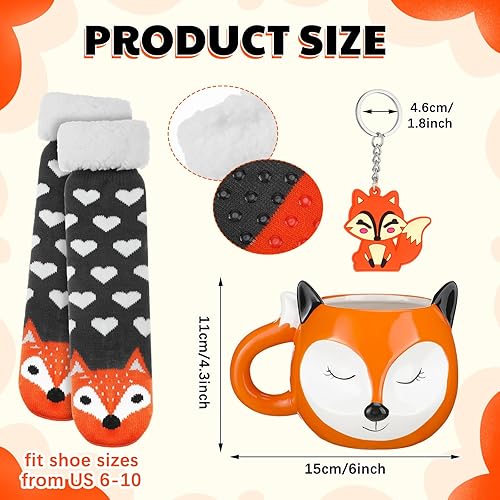 Miniatura 2 de Tessco Kit de regalo de Navidad con temática de zorro de 3 piezas para mujer, incluye taza de zorro, calcetines de zorro, llavero de zorro, tazas de