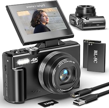 Foto raf ve Vlog i in Dijital Kamera, 3 in  180   Flip Ekranl  4K Otomatik Odaklama YouTube Kamera, WiFi, 18X Zoom, Fla , 2 Pil ve 32GB SD Kart