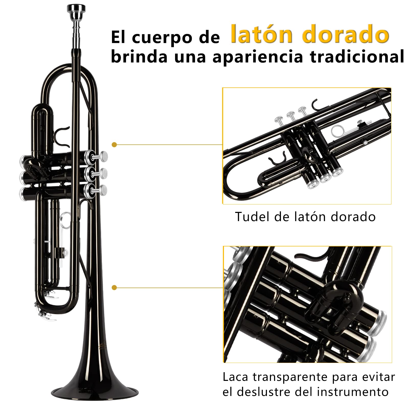 EASTROCK Trompeta Sib Estándar de Latón Instrumentos Musicales Boquilla 7C con Estuche para estudiantes principiantes (Negro)