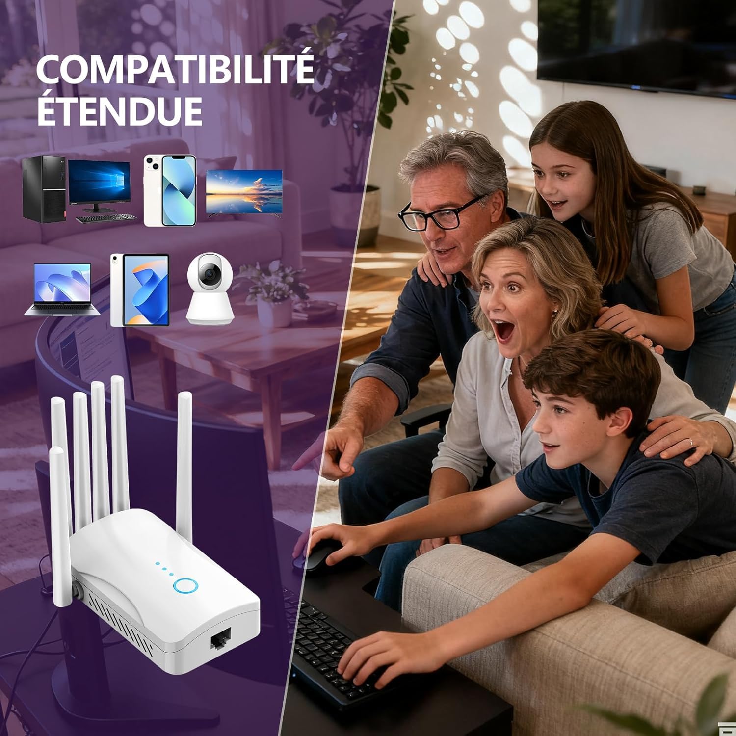 Repeteur WiFi Puissant, Amplificateur WiFi, Répéteur WiFi avec 6 Antennes, Modes (Répéteur, AP), Couverture jusqu'à 9000 pi², pour la Maison et Le Bureau, Installation Facile