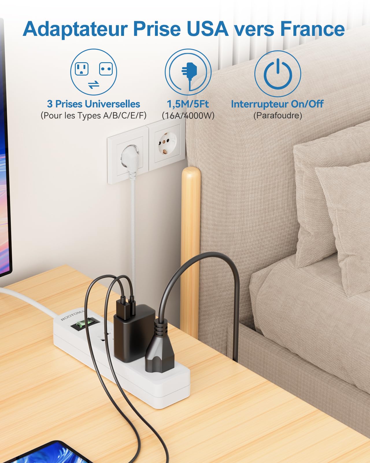 Adaptateur Prise USA vers France, Adaptateur USA vers France, 3 Prises pour Appareils électroniques américains, Voyage Depuis des États-Unis, du Canada, en Allemagne, en Espagne, Blanc