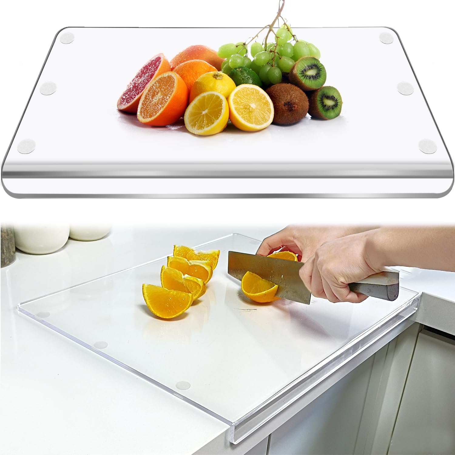 Gelury Acrylic Cutting Boards for Kitchen Counter, 24x18 Inch Large Cutting Board with Counter Lip, Anti-Slip Transparent Cutting Board for Countertop Protection