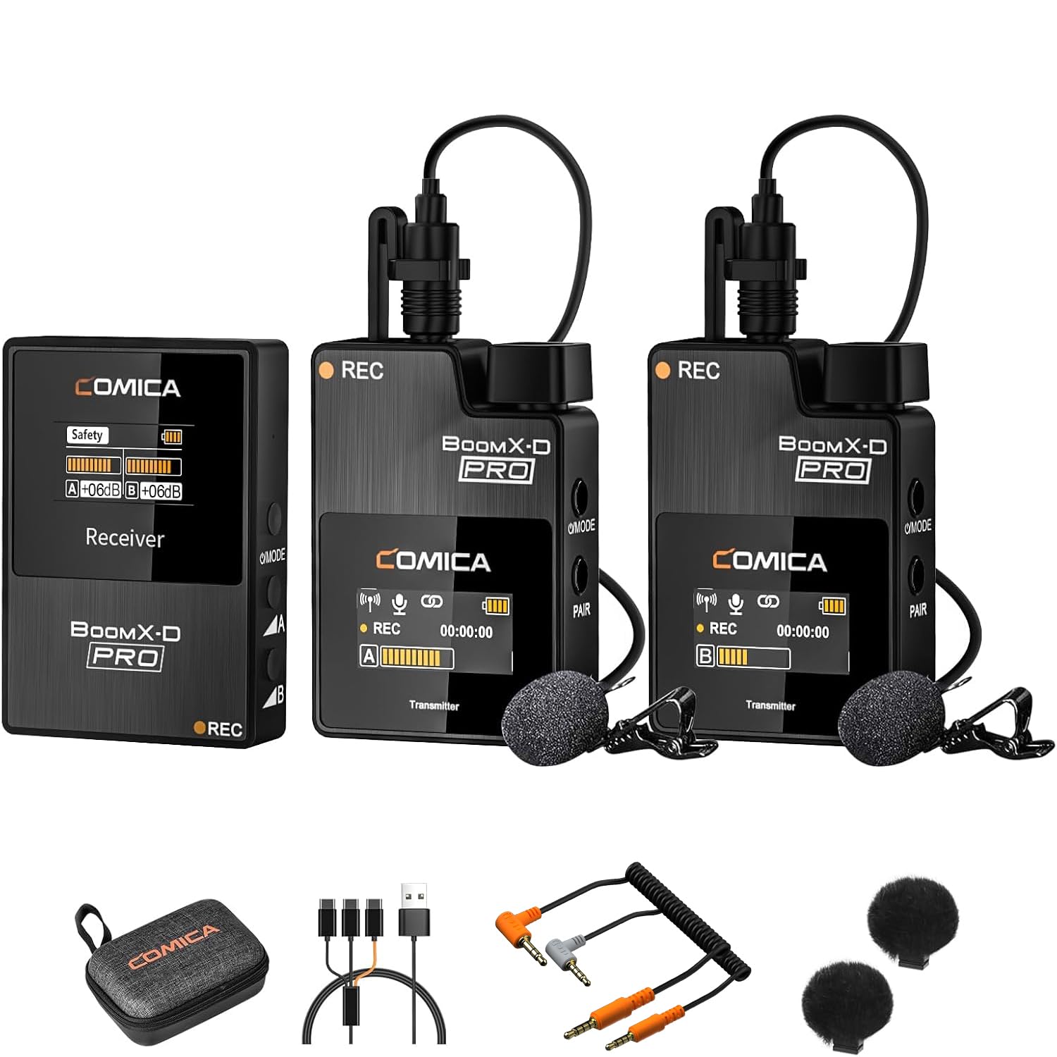 Micrófono Lavalier inalámbrico, Comica BOOMX-D2 Pro, micrófono inalámbrico 2.4G con Almacenamiento 8G, micrófono Lavalier para cámara, teléfono Inteligente, computadora portátil.