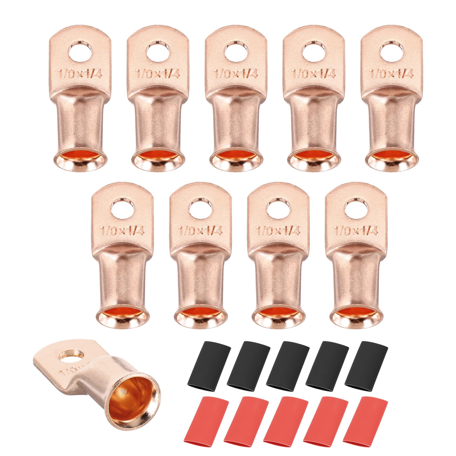 sourcing map 10pcs 1/0 M6 AWG Battery Lugs Ring Terminals, 1/4" 6mm Stud Crimp Wire Terminal Connector End Copper, 3:1 Heat Shrink Tubing, Gold — image 1