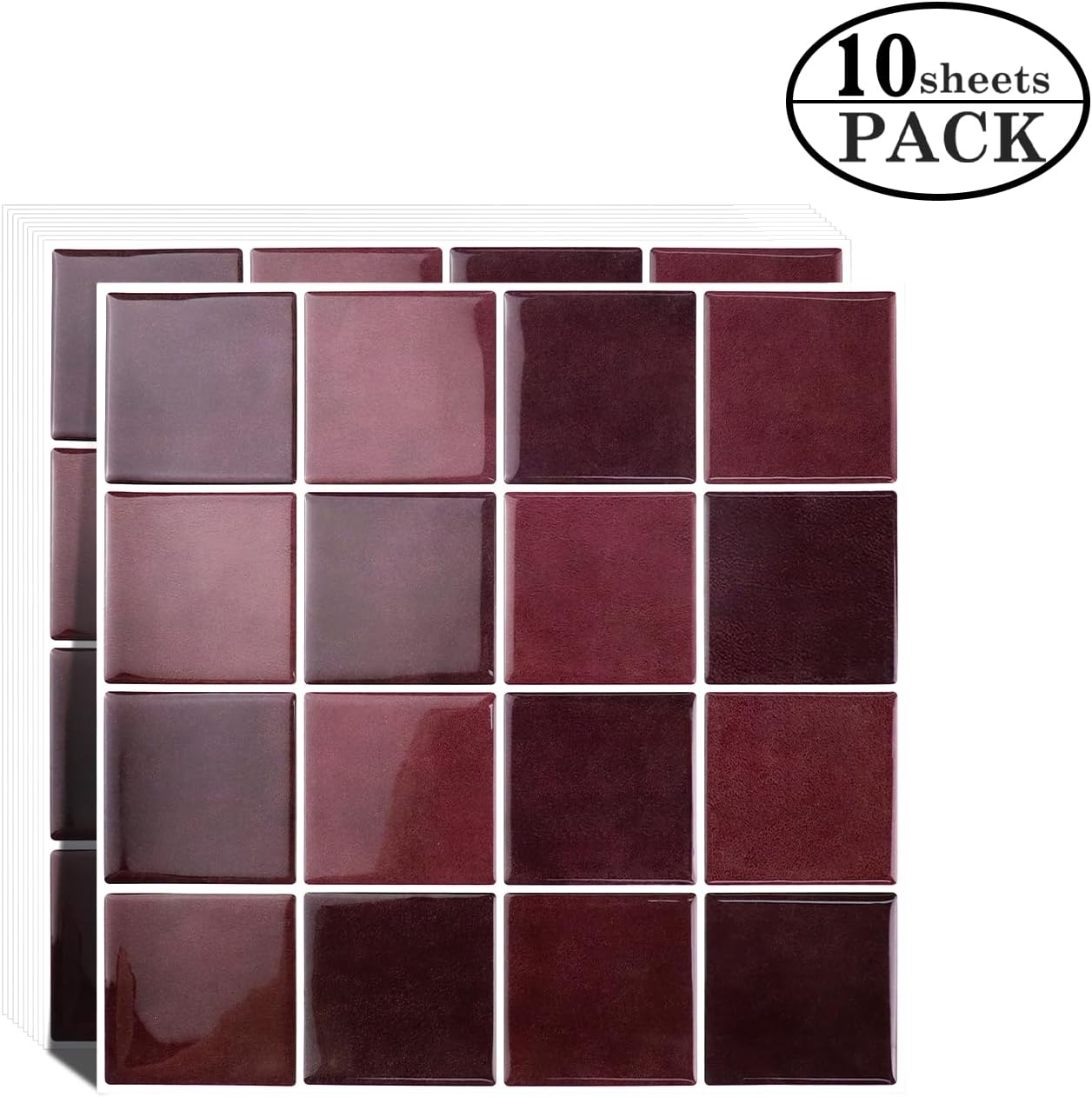 Alwayspon 10 Sheets 9x9inch Retro Red Mosaic 3D Peel and Stick PVC Backsplash Tiles, Self-Adhesive Wall Tile Stickers Stick on Subway Tiles for Kitchen Bathroom