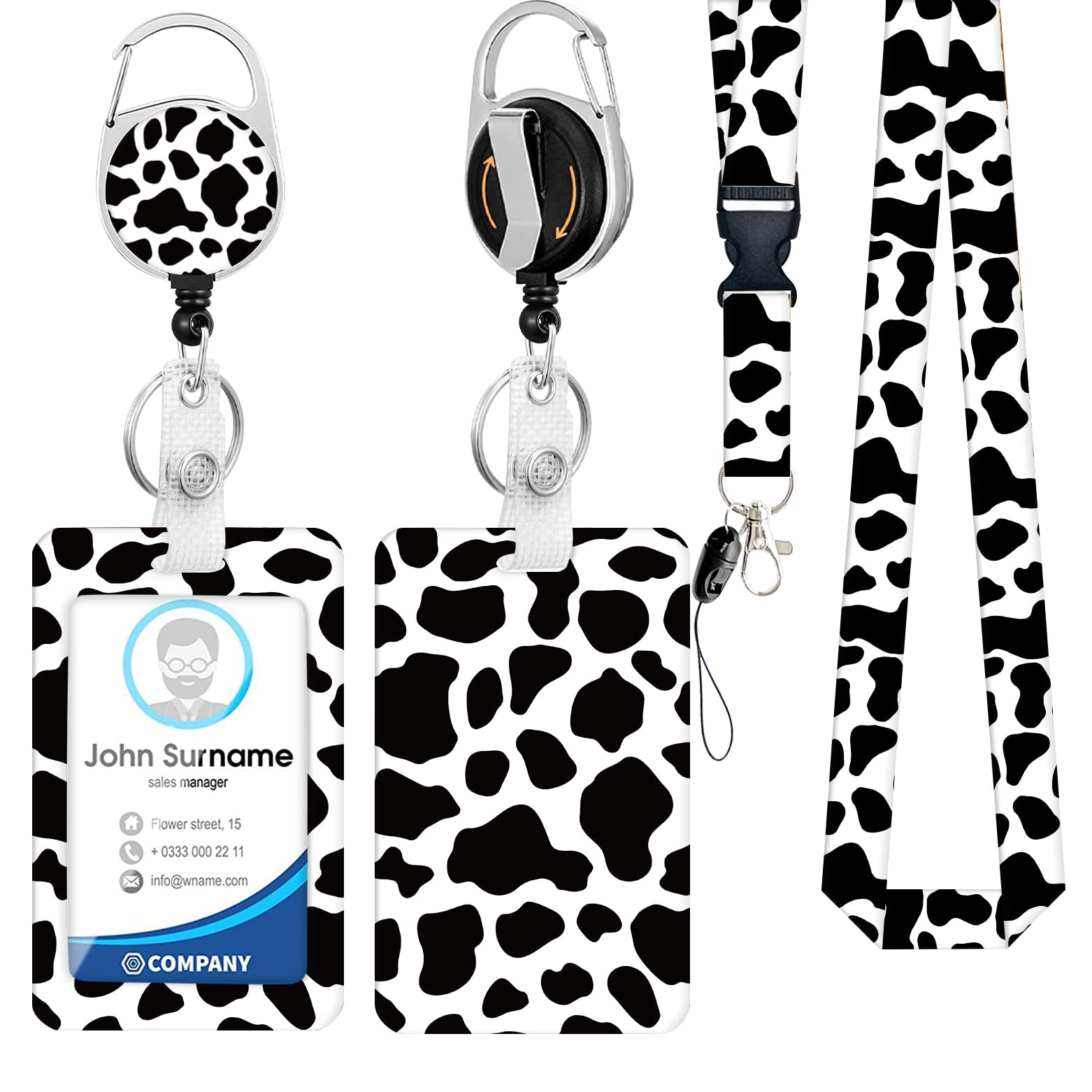 BUDUOZHI Lanyard with ID Holder Cow Badge Holder with Retractable Reel Clip Badge Reel Heavy Duty with Carabiner Clip Card Name Tag Lanyard Vertical ID Card Protector Case for Nurse Teacher — image 1