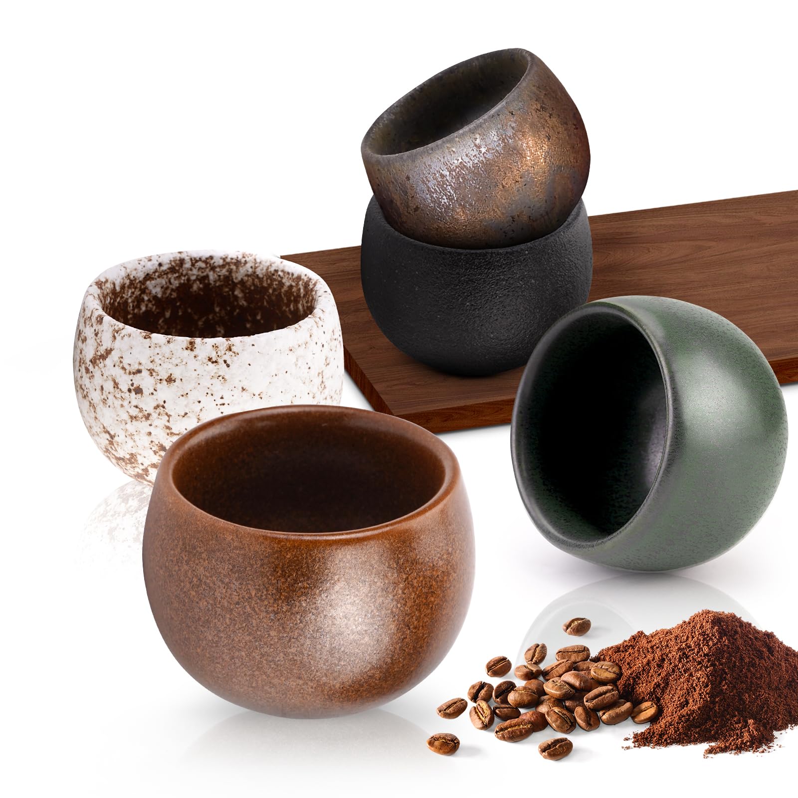 Set van 5 espressokopjes, 50 ml dikwandige kopjes van aardewerk, handgemaakte porseleinen koffiekopjes, set van 5 espressokopjes, aardewerk zonder handvat, ideaal voor espresso, mokka, thee