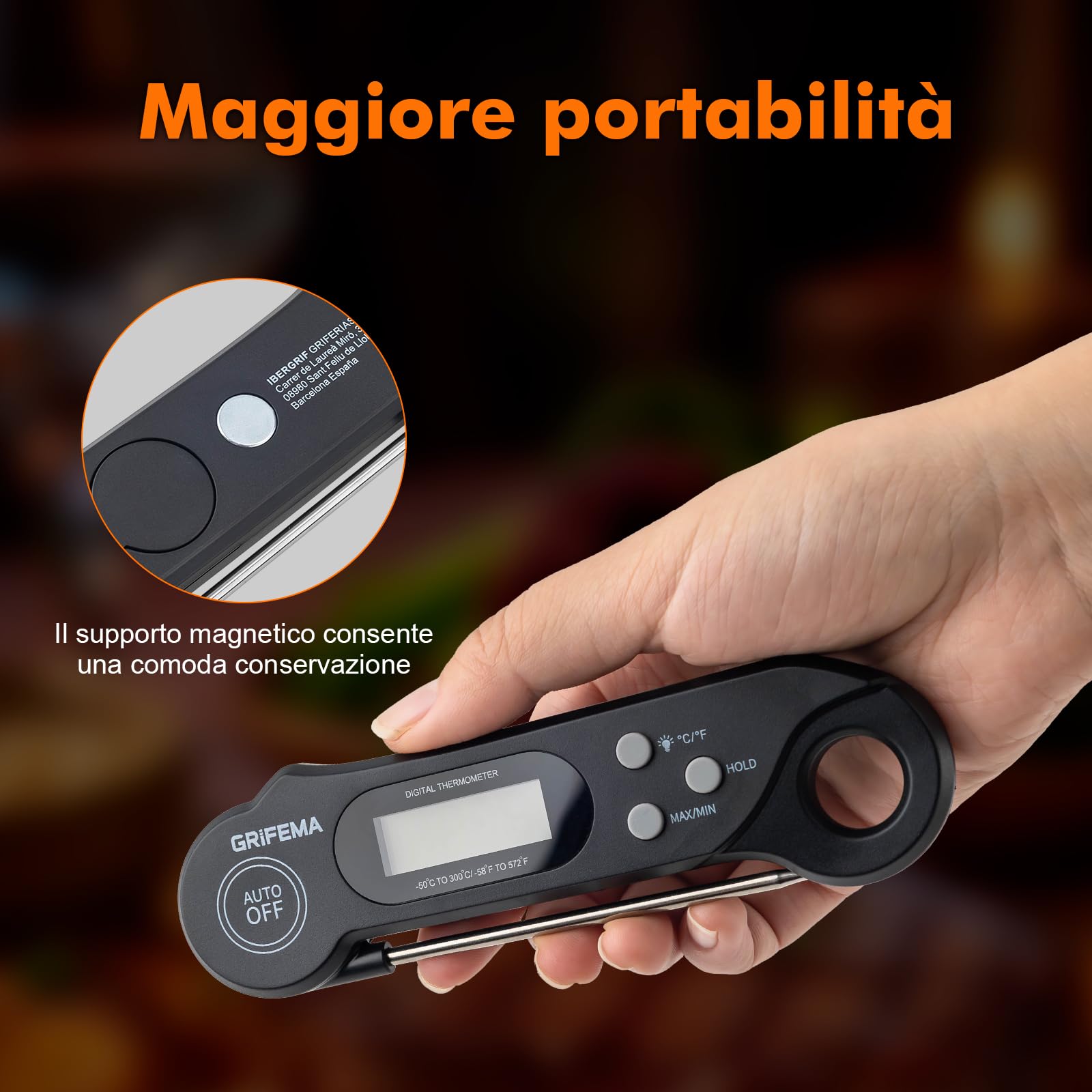 GRIFEMA GA2801 Termometro da Cucina Pieghevole Digitale per Alimenti Nero
