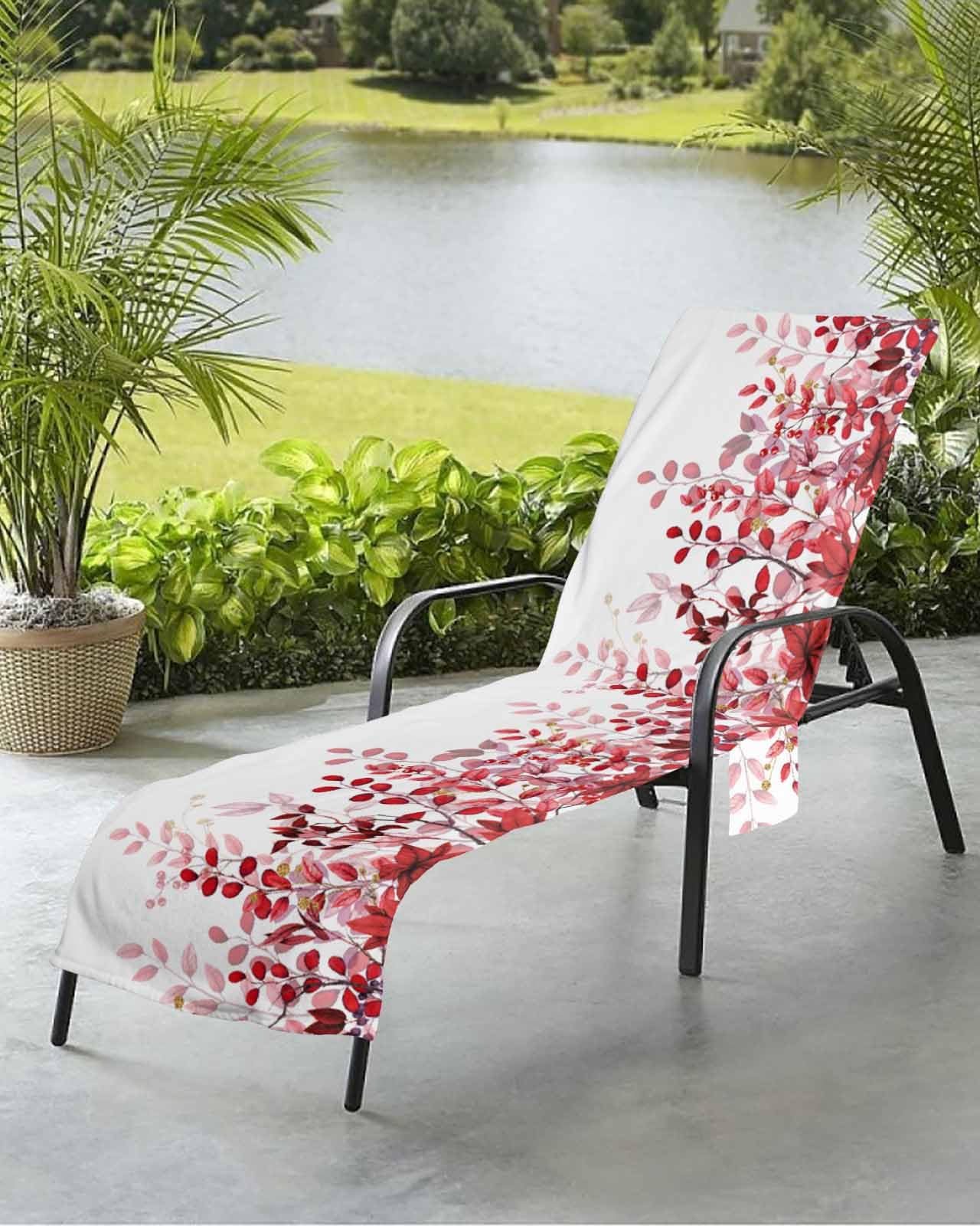 Red Eucalyptus Leaves Beach Chair Towel Covers for Chaise Lounge With Side Pocket, Soft Plush Pool Towels Cover for Patio Sunbathing Outdoor 29''x85'' Abstract Minimalist Plant Art