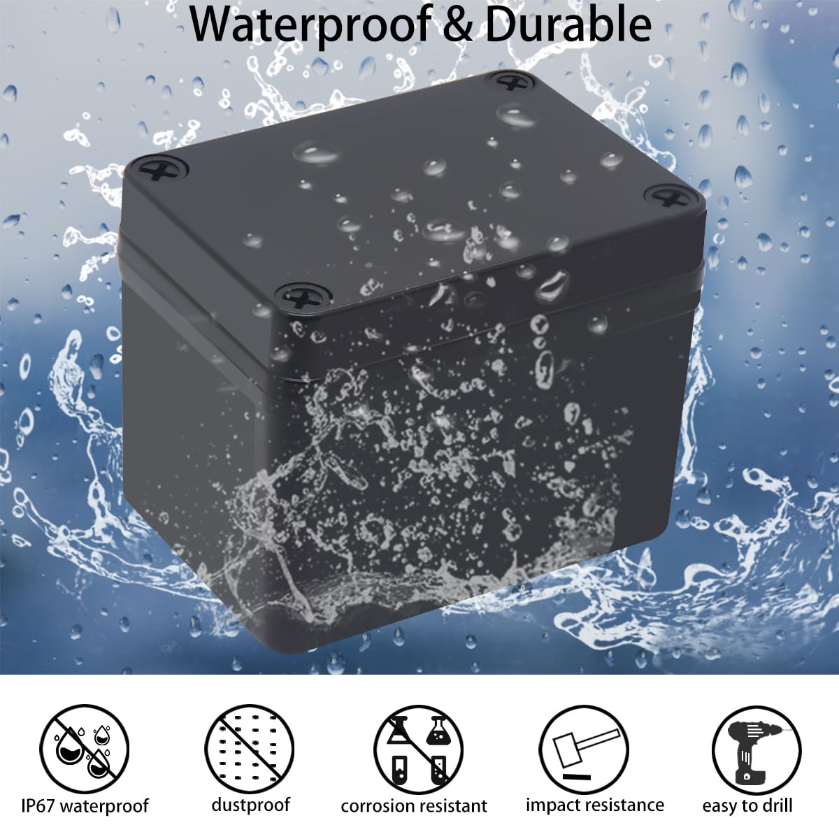 Boîte de jonction étanche IP67 en ABS noir avec plaque de montage pour appareils électroniques extérieurs 110 x 80 x 85 mm