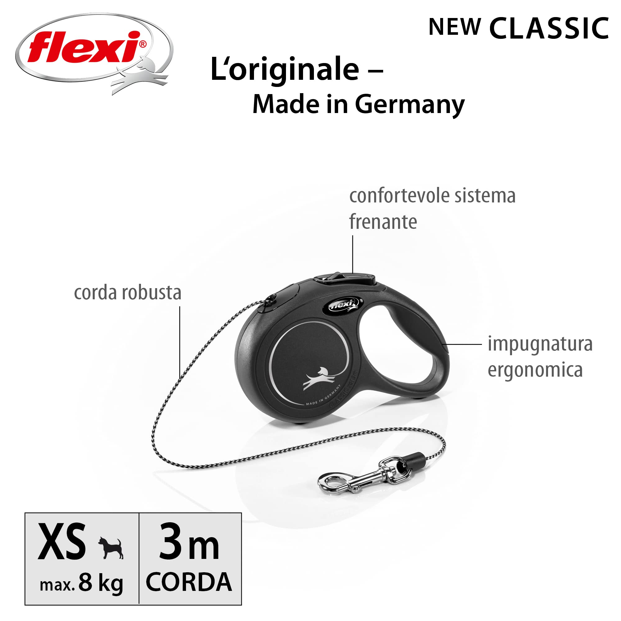 Croci Flexi New Classic Cord - Guinzaglio per cani allungabile, taglia XS fino a 8 kg, lunghezza 3 Metri, Nero