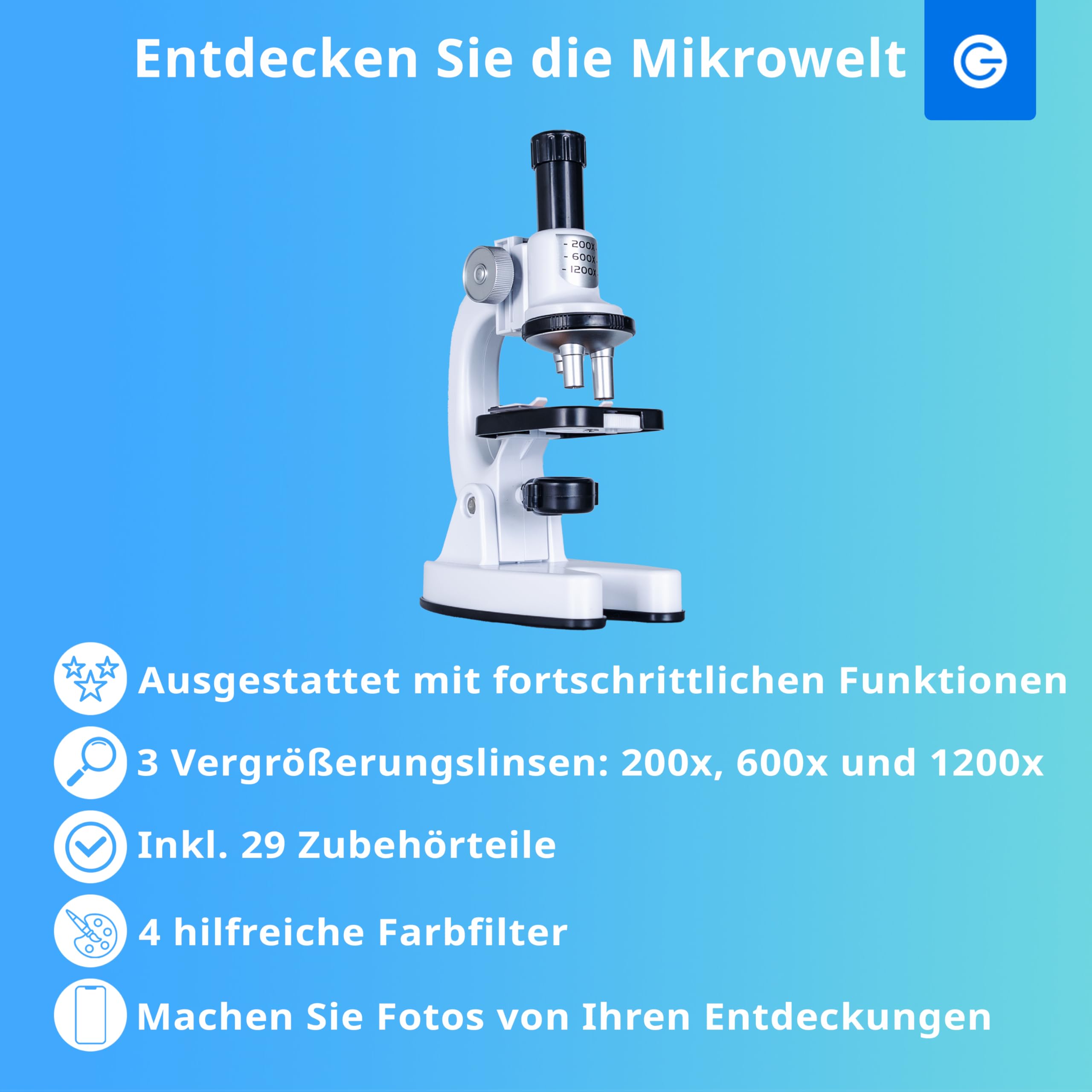 Silvergear® Mikroskop Set für Kinder | Mikroskop Erwachsene & Anfanger | mit 200x, 600x und 1200x Vergrößerung | Lernspielzeug | Biologie | 4 Farbfilter | Labor | inkl. 29 Zubehör | 14x8x22 cm | Weiß