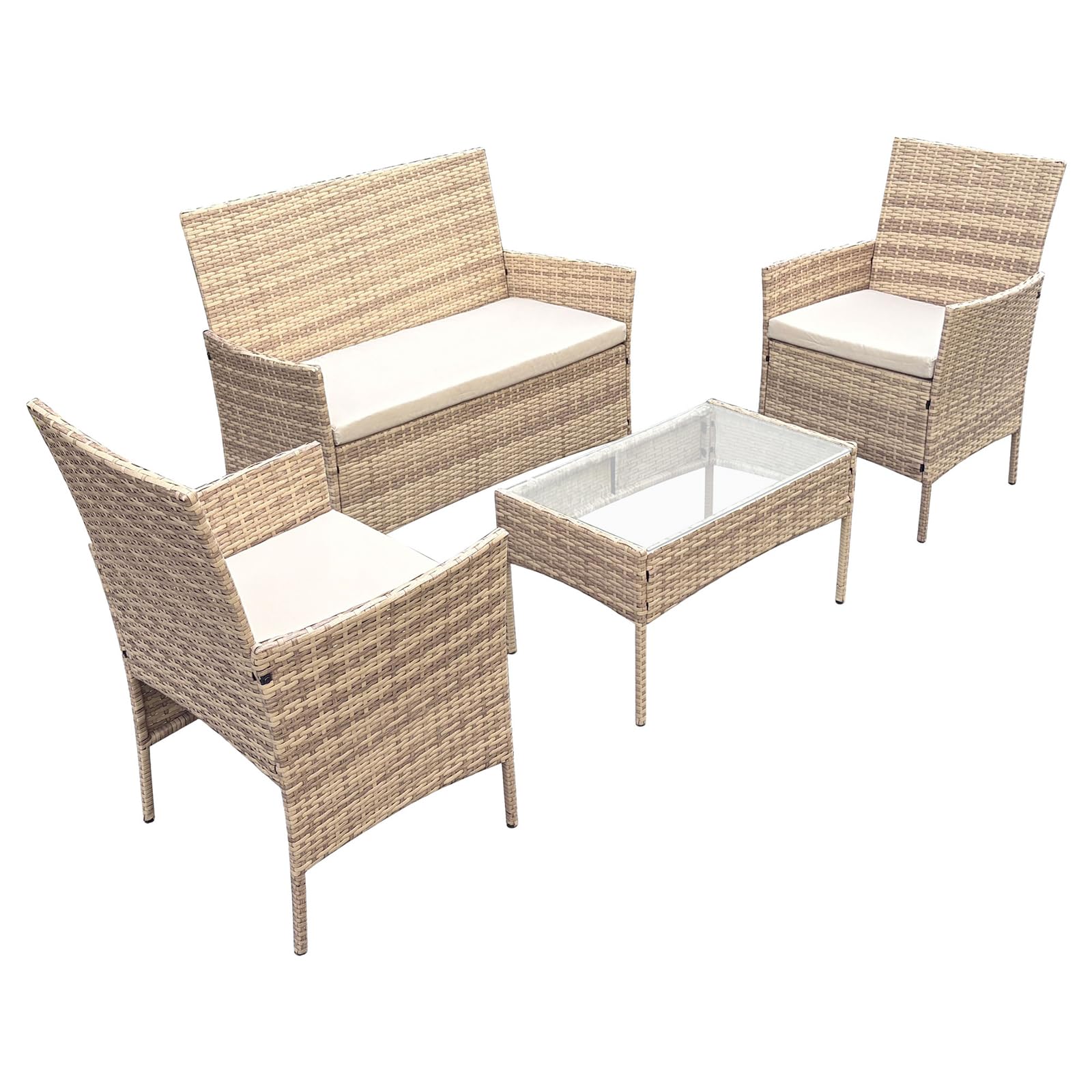 SVITA Brooklyn Gartenlounge 4-teilig Polyrattan Lounge Set wetterfest Garten Terrasse Balkon inkl. Kissen Glas Tisch Beige