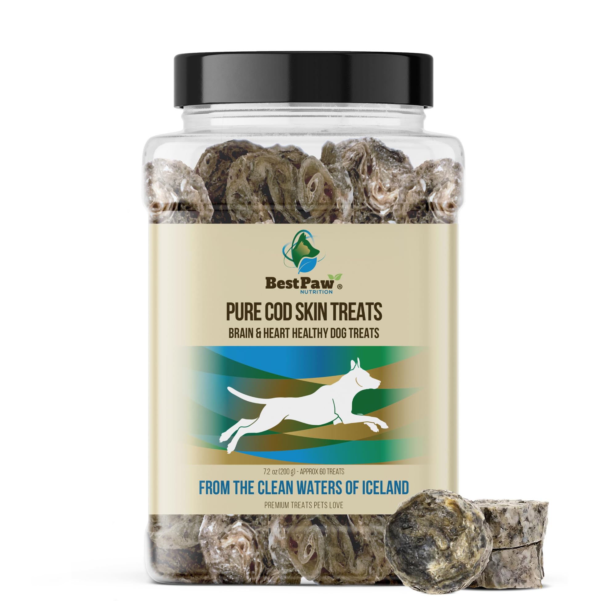 Wild Caught Fish Treats Icelandic Pure Cod Skins Reward Protein Snacks Rich in EPA & DHA K9 Brain Heart Skin & Coat Health Crunchy Dental Treats