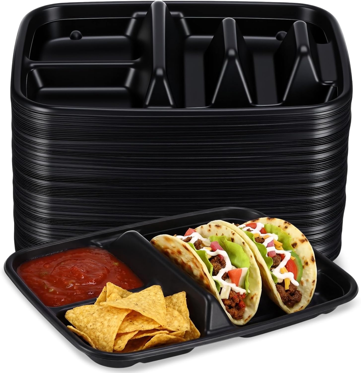 Baderke 100 Pcs Large 2 Tacos & 2 Sides Taco Plates, Disposable PP Taco Plates with Dividers for Party, Fiesta Tacos Holder for Ta co Tuesday, Microwave-Safe Ta co Plate