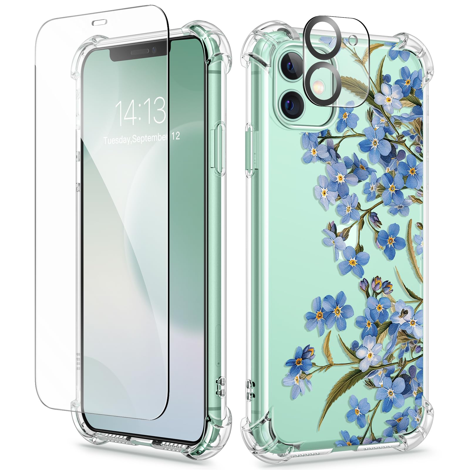 GVIEWIN for iPhone 11 Case Floral, with Screen Protector&Camera Lens Protector,[Non Yellowing] Soft Shockproof Clear Phone Protective Cover for Women, Flower Pattern Design 6.1"(Aconite/Blue)