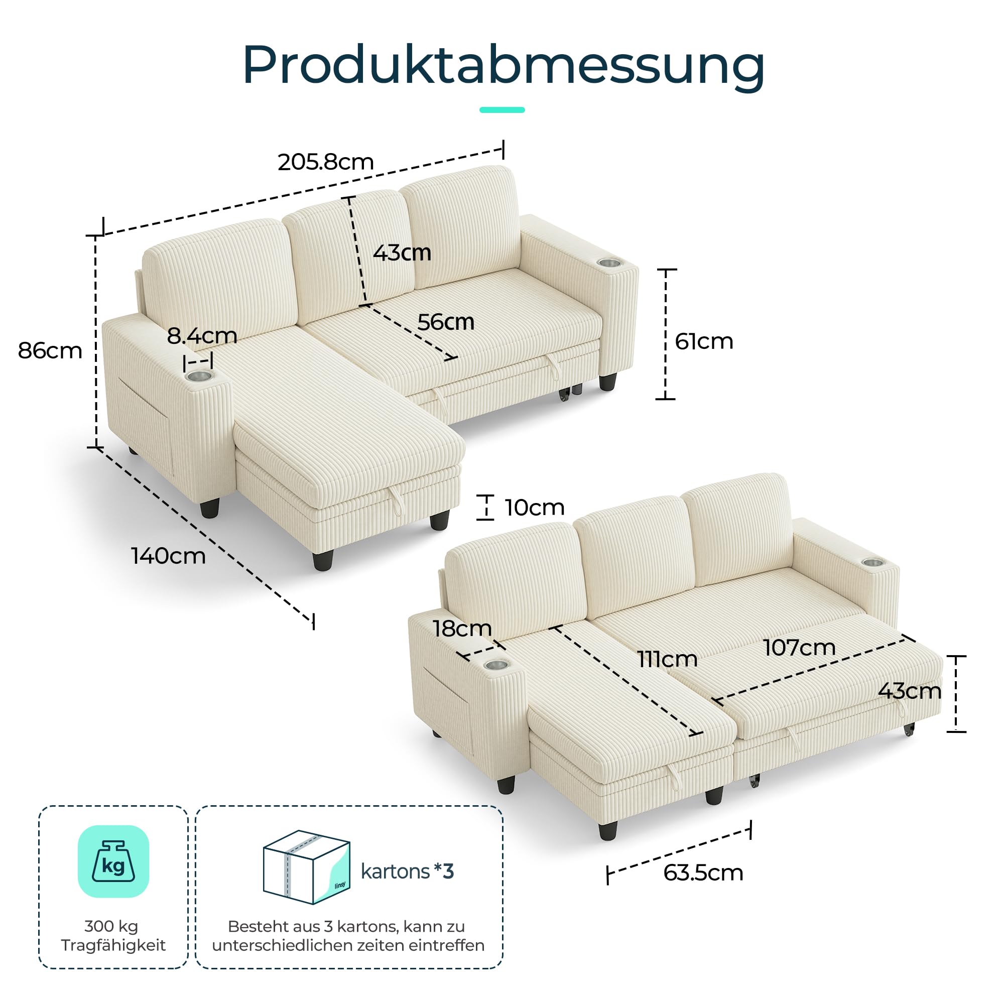 LINSY HOME Schlafsofa Ausziehbarer Couch, Ecksofa mit Schlaffunktion, Stauraum, Cord-Bezug L-Form Modulare Sofas mit Chaiselongue für Wohnzimmer und Wohnungen (Beige, L-Form)
