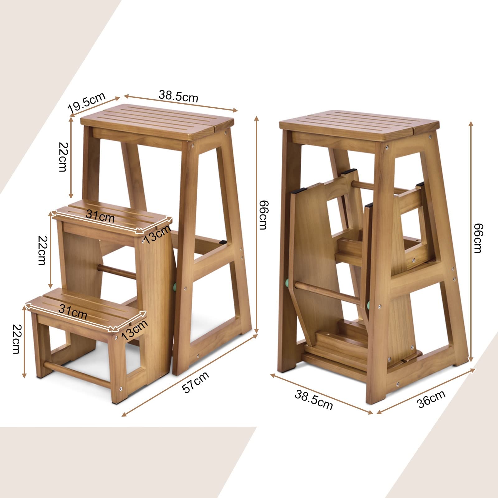 GOPLUS Sgabello Scala Pieghevole, Scaletta a 3 Gradini, in Legno, Multiuso e Pratico, Portata di 150 kg, 57x38,5x66 cm, Marrone/Naturale