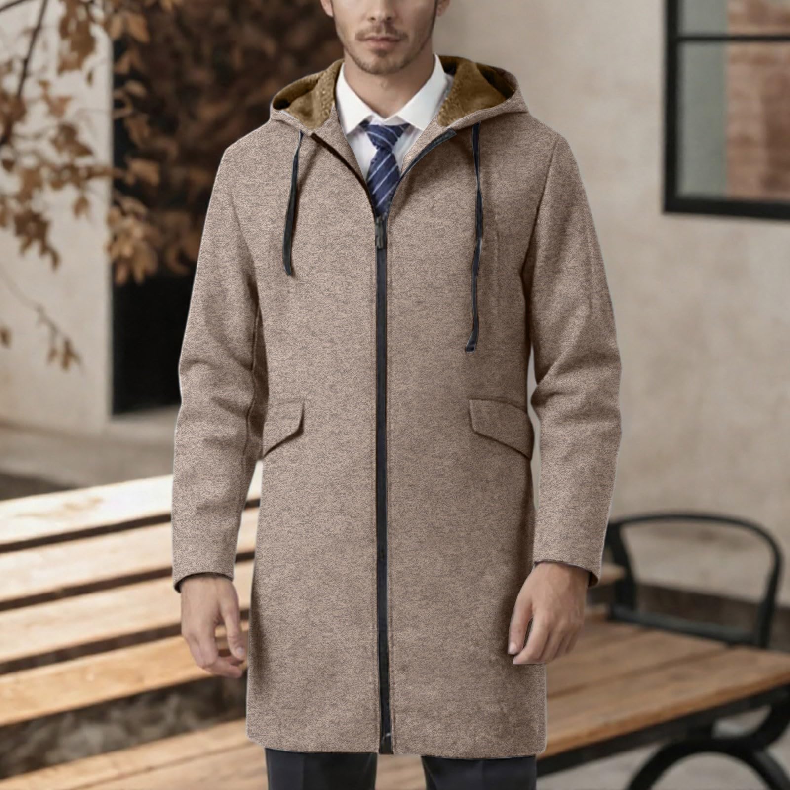 Generisch Trench Coat - Giacca a vento da uomo, lunghezza media, con chiusura lampo, tinta unita, con cappuccio, giacca Causal Coat, antivento, giacca invernale classica, per le mezze stagioni