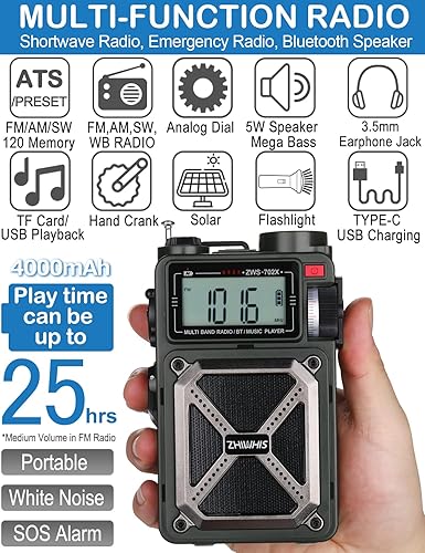 Miniatura 2 de ZHIWHIS Radio de onda corta con Bluetooth, radios de emergencia meteorológica AMFMSWNOAA, manivelasolar4000mAhSOSruido blancobajolinternareceptor