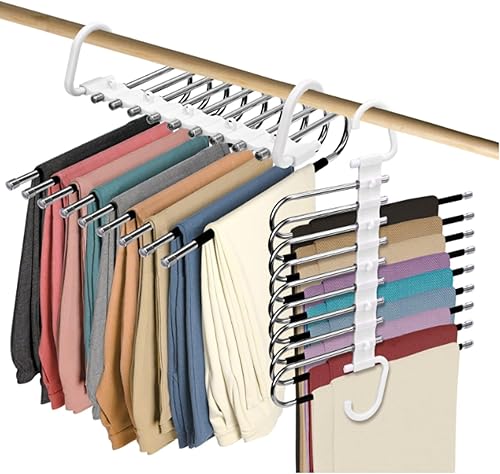 Trrcylp Paquete de 2 perchas plegables de 9 capas para pantalones que ahorran espacio, organizador multifuncional para pantalones de armario,