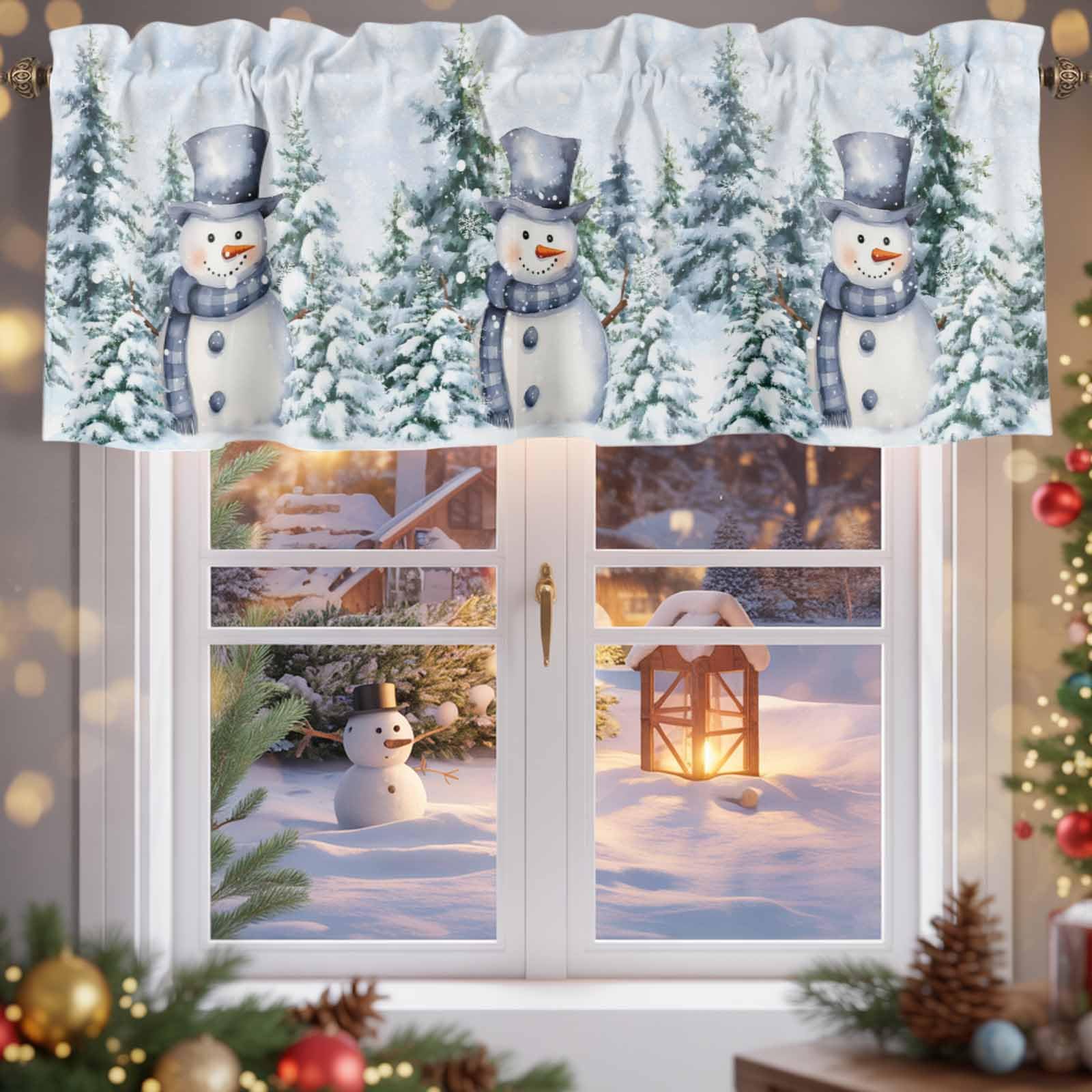 Litter Star Snowman Christmas Window Valance,Winter Snow Scene Valances for Kitchen Windows,Forest Rod Pocket Valance Curtain,Short Curtains Window