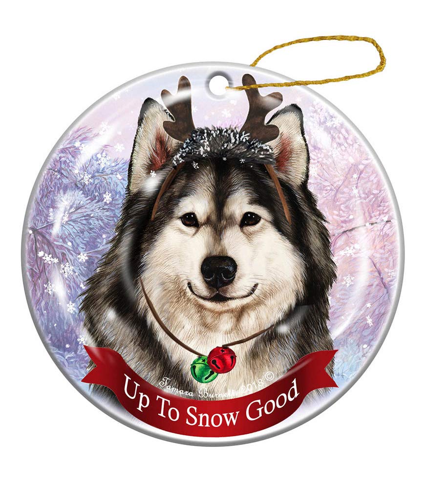 Holiday Pet Gifts Alaskan Malamute Reindeer Dog Porcelain Christmas Ornament