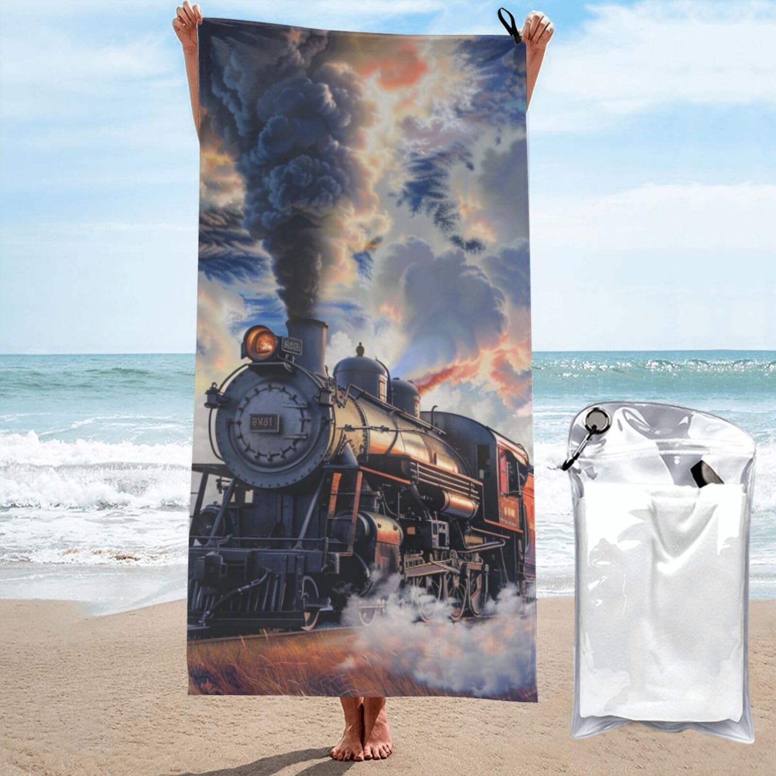 BWWHCCTI Steam Train Clouds Printed Microfiber Quick Dry Beach Towel 70x140 CM, Fast Drying Bath Towels with Bags for Travel,Camping,Gym,Beach,Swimming,Yoga