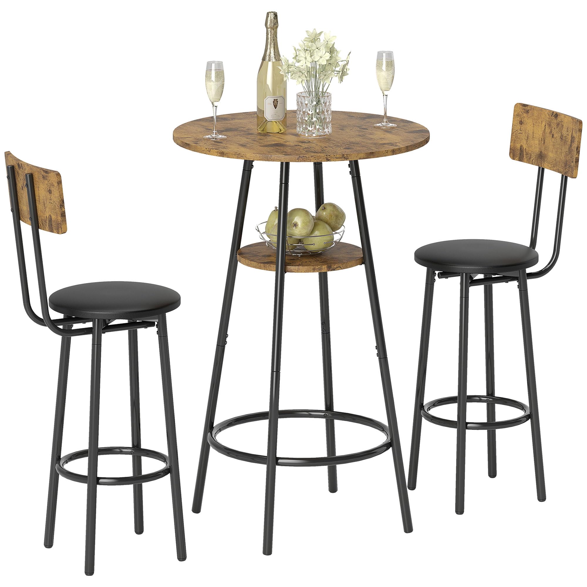 HOMCOM Bartisch mit Barhocker-Set Esstisch mit 2 Gepolsterten Stühlen mit Fußstütze, Metallrahmen, Industrial Bartisch Set Küchetisch mit Ablage für Esszimmer, Kleine Raum, Rustikal-Braun