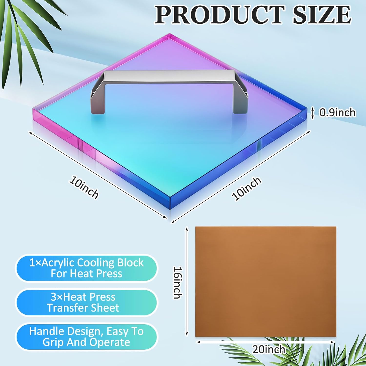 Fiwochic HTV Cooling Block with Handle Dtf Cooling Block for Heat Press with 3 Pack Heat Resistant Craft Sheets Craft Tool Cooler for Sublimation Paper, Dtf Film(10" x 10")