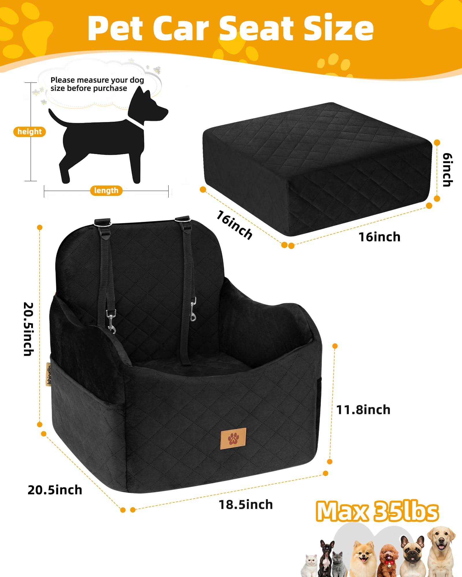 Ishineon Car Seat Booster for Dog: High-Support Memory Foam Pet Car Seat for Small/Medium Dogs Under 35lbs with Elevated Cushion - Detachable Washable Puppy Travel Bed for Driving with Pockets (Black)