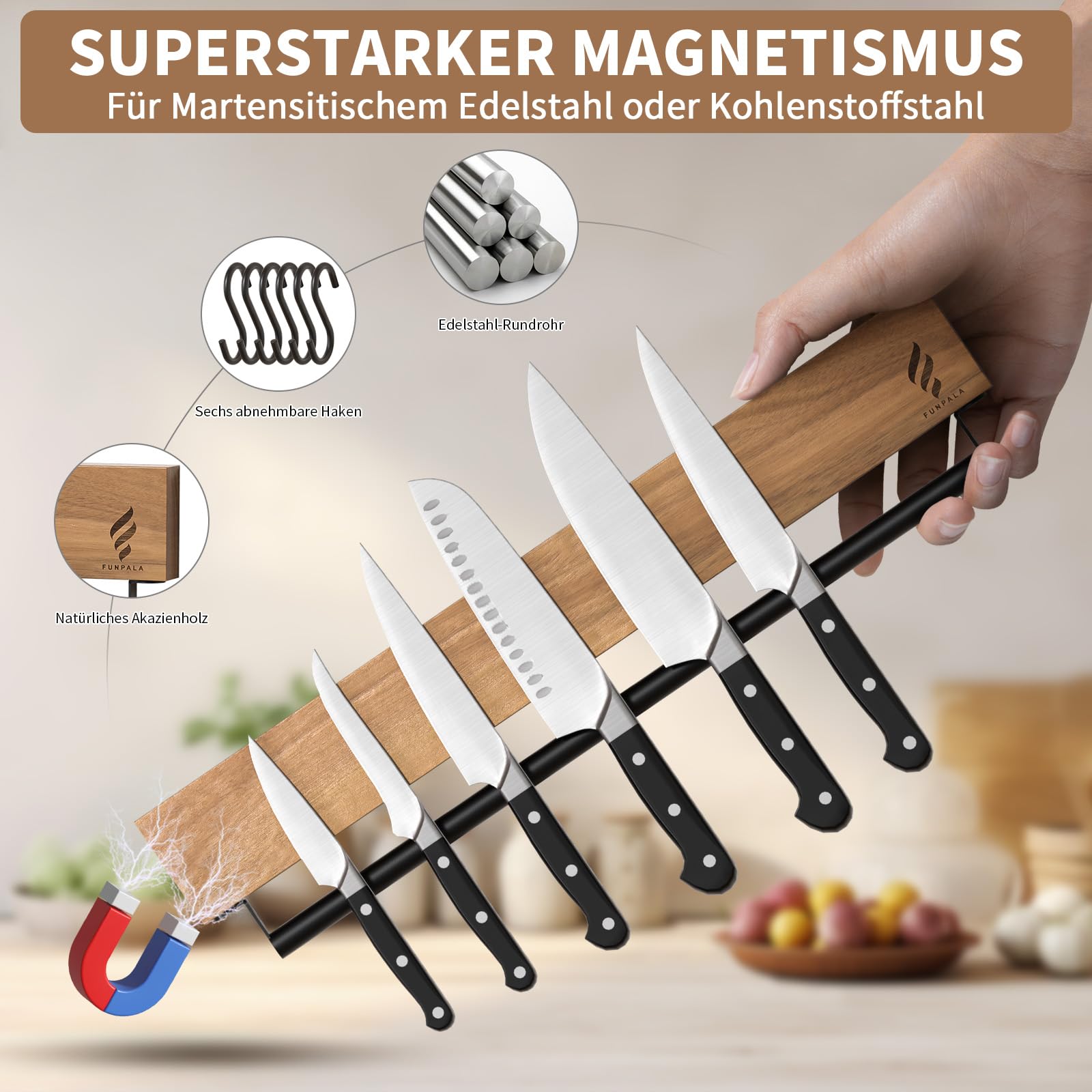 Magnetleiste Messer mit 6 Haken, 40 cm Messerhalter Holz mit Extra Starkem Magnet, Messerhalter Magnetisch für Utensilien und Werkzeuge
