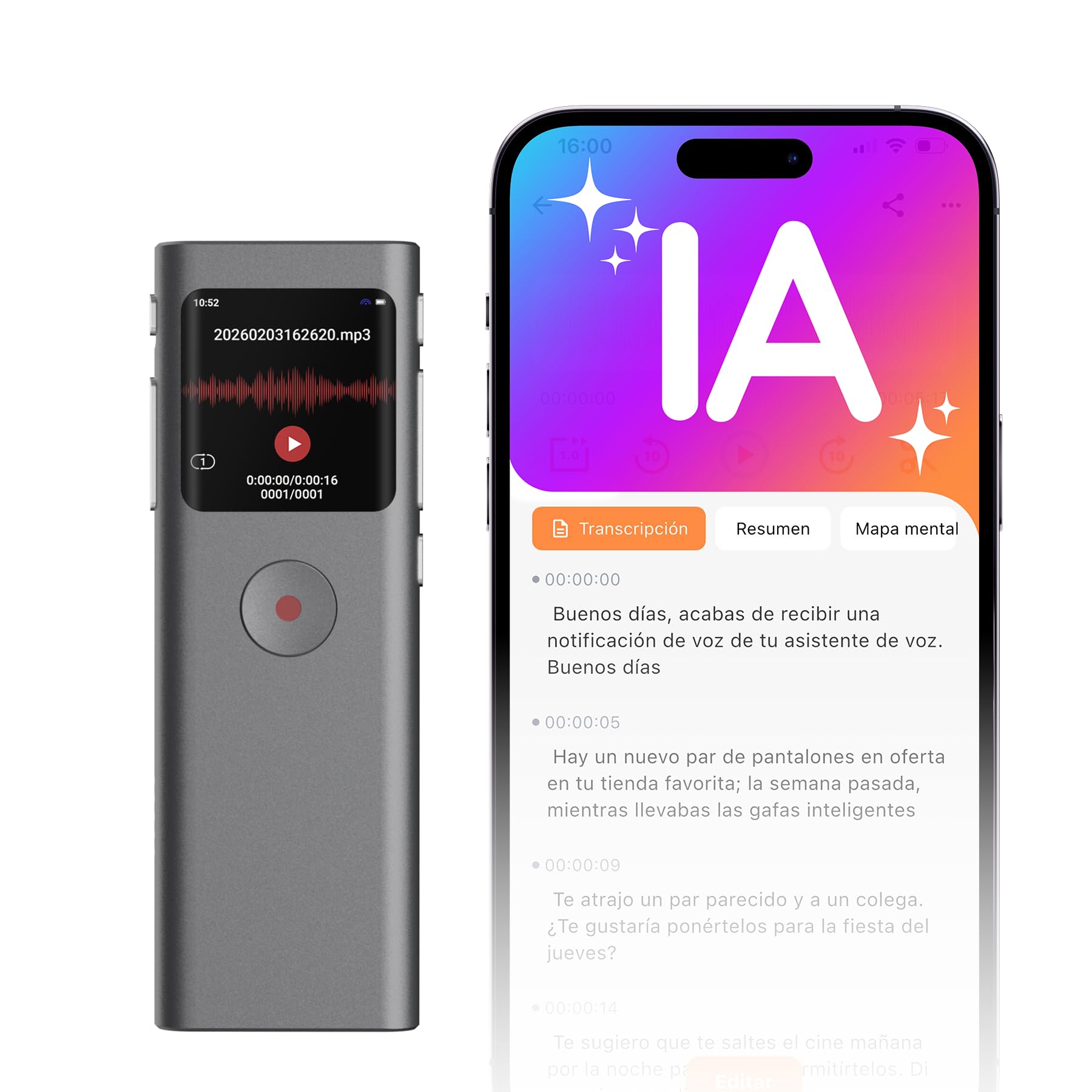 Grabadora de Voz IA con Transcribe y Resume con tecnología, 64 GB Voice Recorder Digital con Activada por Voz, Control de App, Reducción de Ruido Automática para Entrevista/Clase/Reunión