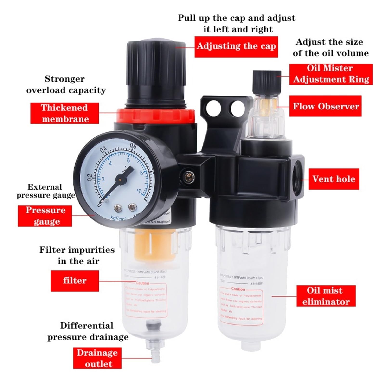 2 szt. AFC2000 G1/4 Separator oleju i wody Regulator ciśnienia Filtr spustowy AFC-2000 Procesor gazu Sprzęt do obsługi sprężarki powietrza (AFC-2000+szt. 10mm)