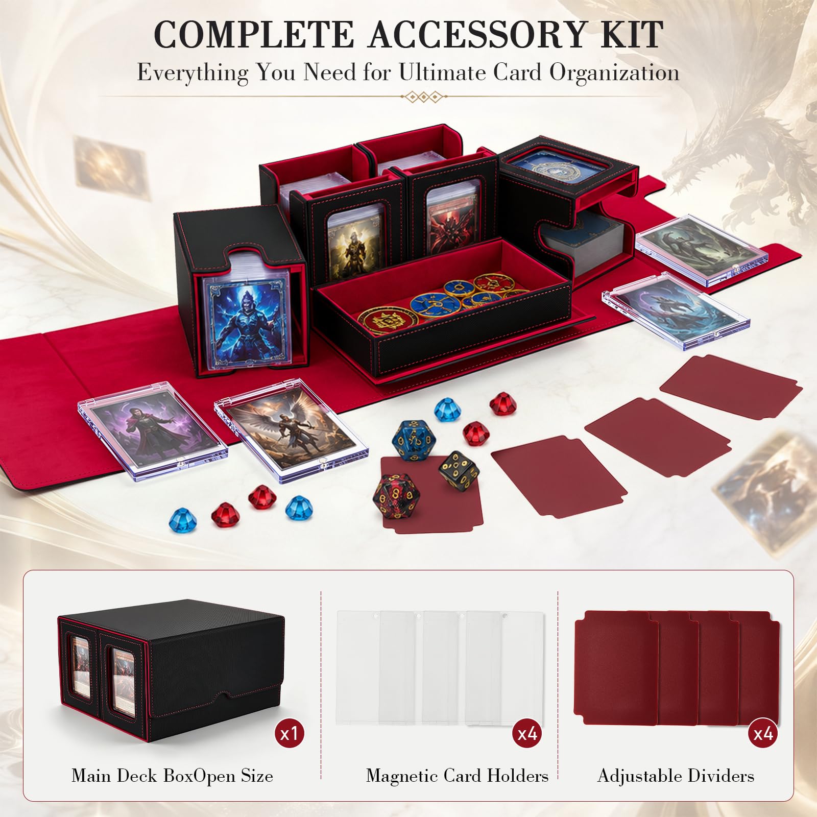 Boîte de Rangement pour MTG, Commander Deck Box avec Würfelablage | Trading Card Aufbewahrungsbox Magnétique pour Commander avec Fenêtre et Séparateurs, Capacité 400+ Cartes Doppelt Gesleevte