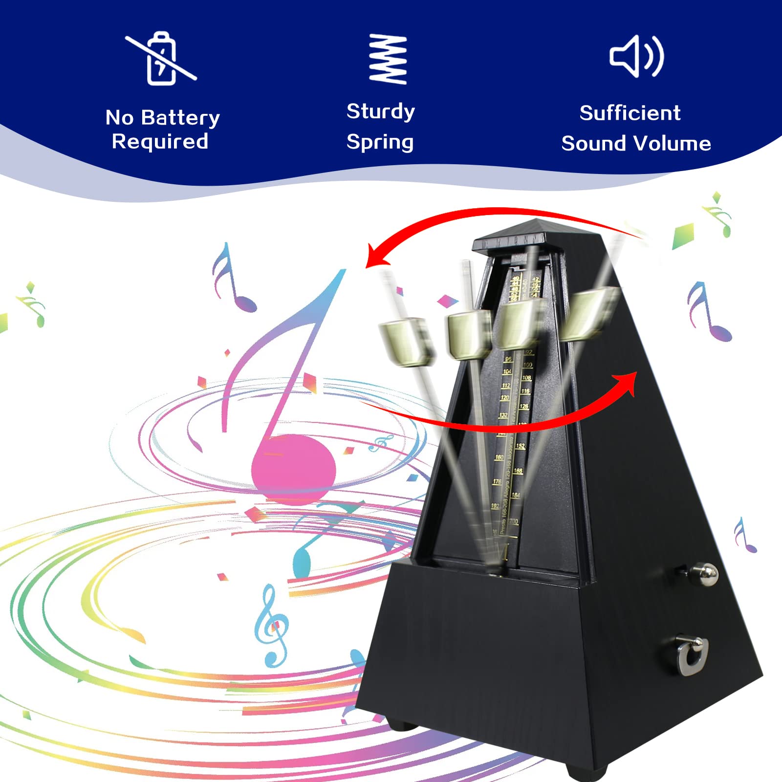 Metrónomo mecánico, temporizador de música universal para piano, guitarra, batería, violín y saxofón, metrónomo musical DPM-1 diseñado en pirámide, color ébano
