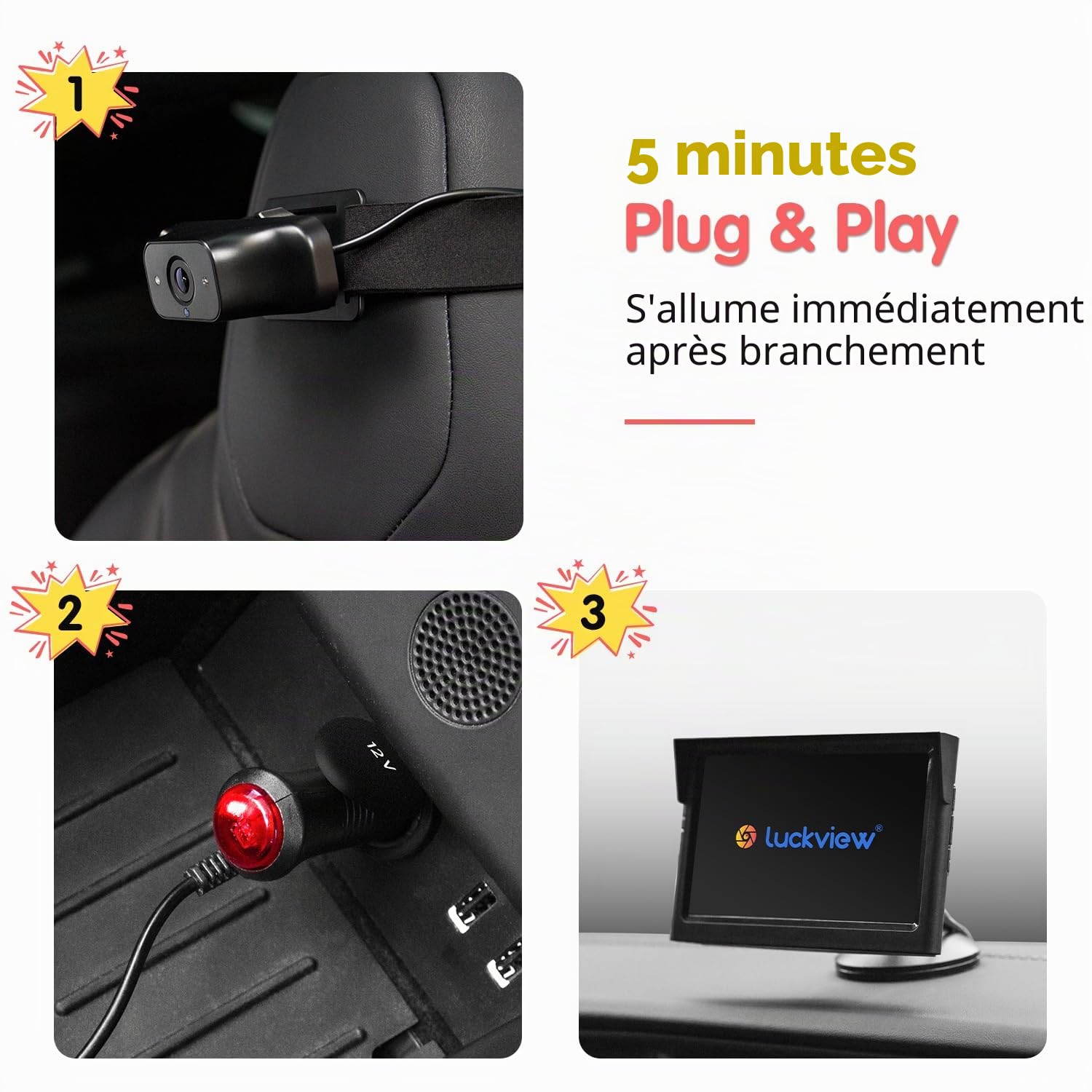 Luckview Rétroviseur de voiture pour bébé avec écran HD 5" 1080P et vision nocturne infrarouge, caméra de siège arrière avec zoom 3X, rotation à 360°, installation facile