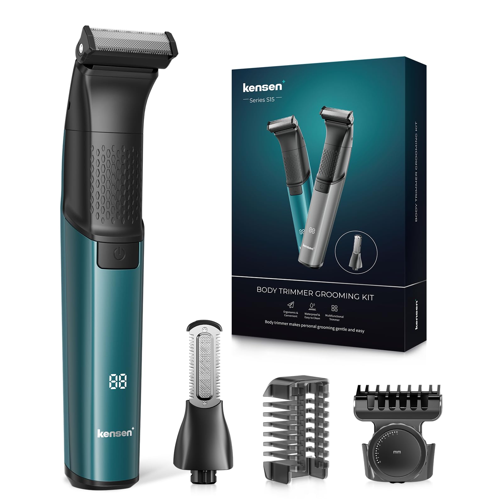 body hair trimmer for men - groin & pubic hair trimmer, 2-in-1 professional dual-head body shaver for beard armpit ball shaver ipx6 waterproof wet/dry use rechargeable groomer kit (green-3)