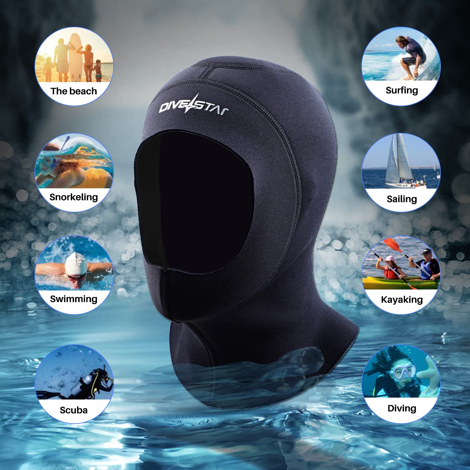 DIVESTAR Neoprenowy kaptur do nurkowania dla mężczyzn i kobiet, 3 mm, do surfowania, kajaka, snorkelingu, żeglowania, sportów wodnych (XL, czarny, 3 mm)
