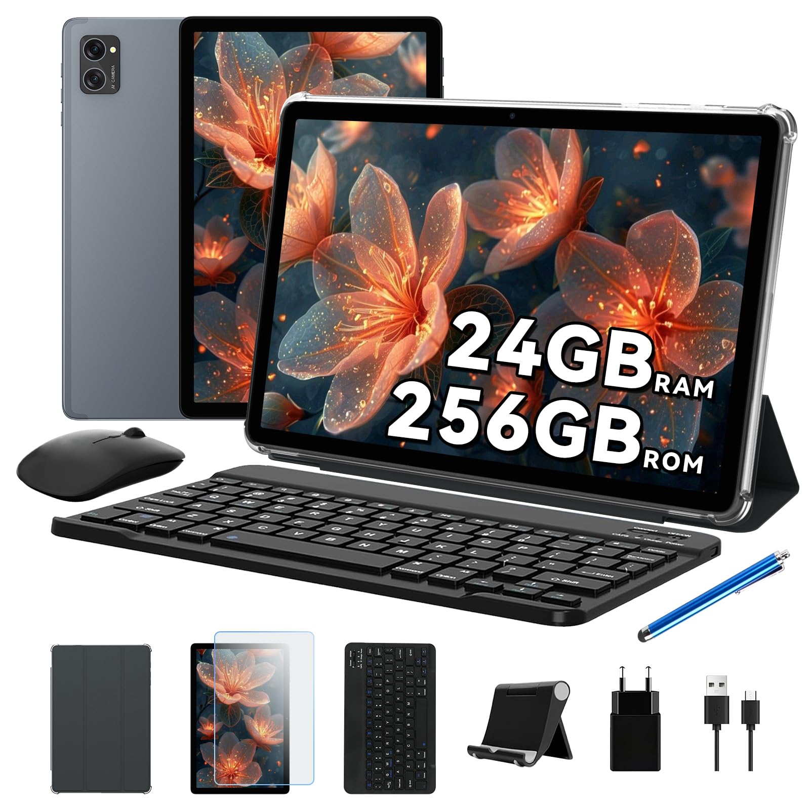 TABWEE Tablet con Tastiera - 24 GB RAM+ 256 GB ROM(4 TB TF), Octa-Core, Android 15, Gemini AI, Tablet 10 Pollici, Widevine L1, 5000 mAh, 8 MP+5 MP, Face ID, 3.5 mm Jack Port (2 Anni Garanzia)