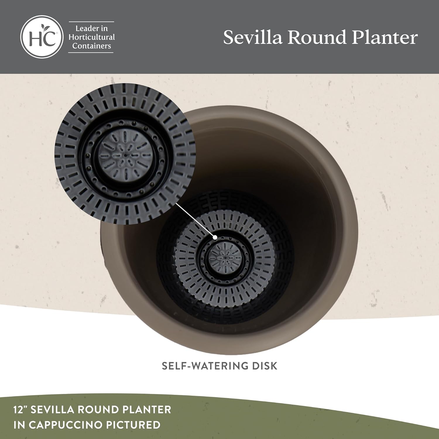 The HC Companies Sevilla Flower Planters - Durable Outdoor & Indoor Planter - Round Lightweight Self Watering Plant Pots for Herbs & More (12" Cottage Stone, Pack of 1)