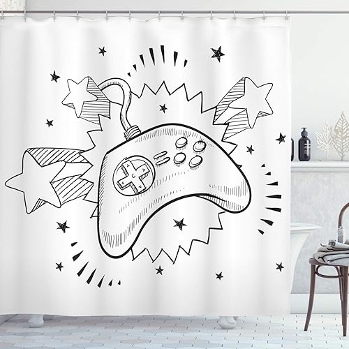 Lunarable Cortina de ducha de dibujos animados, inspirado en el pop de los años setenta, controlador de videojuegos de composición retro, juego de