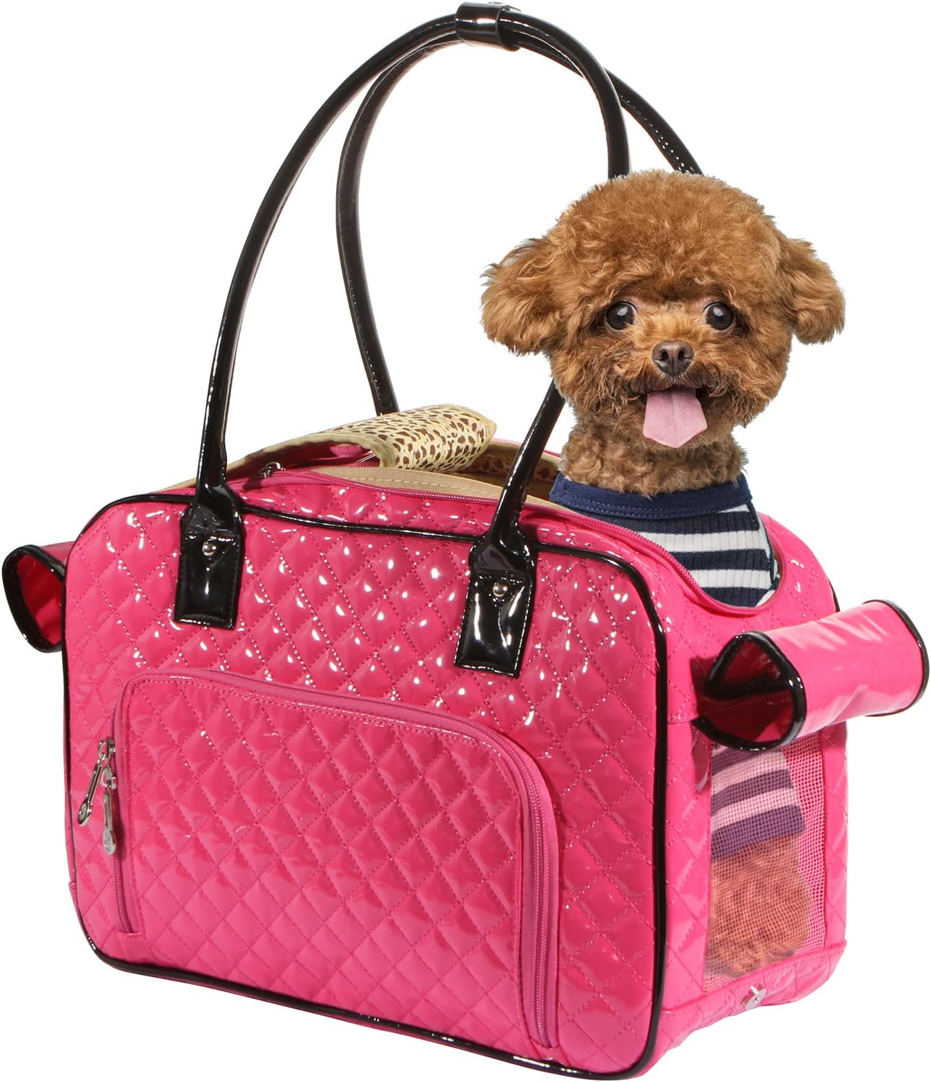 Mirror Surface Faux Leather Tote Purse Dog and Pet Carrier Travel Bag, Pink