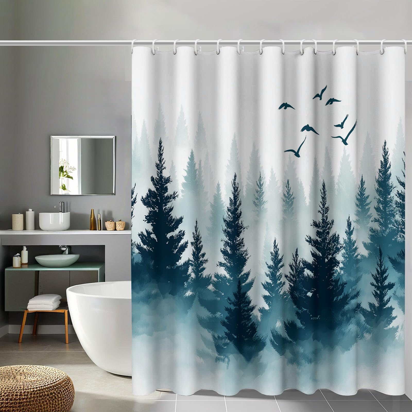 Rideau de douche oiseaux en vol pour créer une ambiance de spa zen dans sa salle de bain