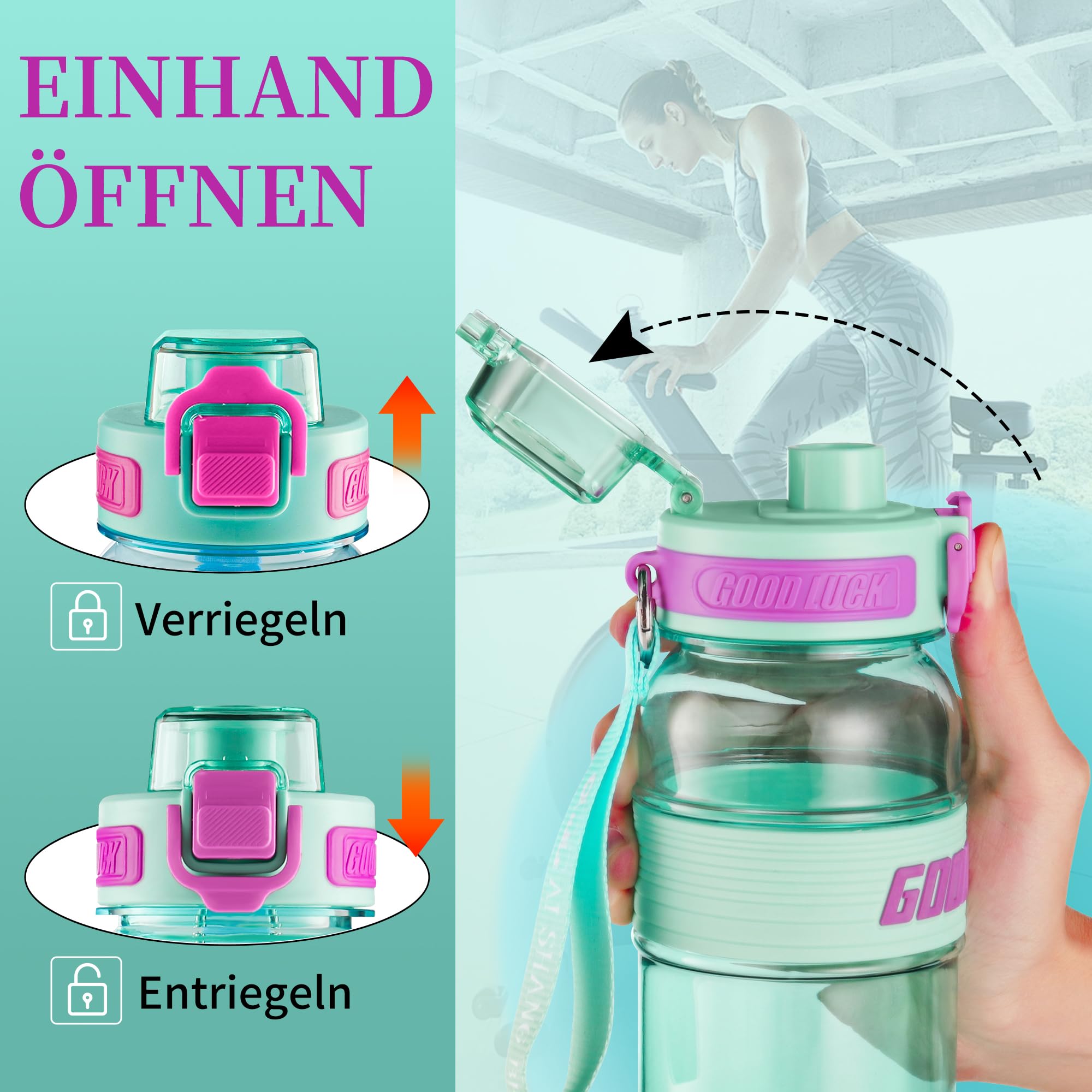 YC Kitchen Borraccia Sportiva Motivazionale 1L - Borraccia 1 litro, Bottiglia d'acqua Sportiva con paglia e trasporto cinghia