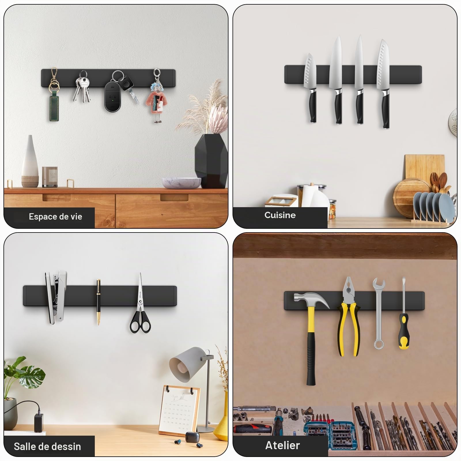 Porte Couteaux Aimanté 30cm, INOX Aimant Couteau Mural, Barre Aimantée pour Couteaux et Ustensiles, Barre Magnétique sans Perçage pour Cuisine, Noir